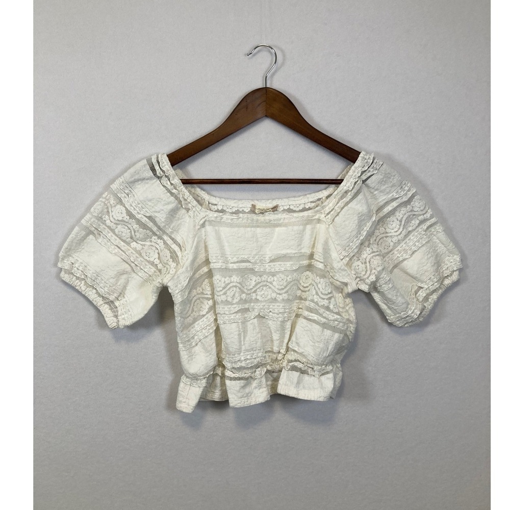 Attard State Lace Square Neck‎ Puff Sleeve Cropped Top Ivory S